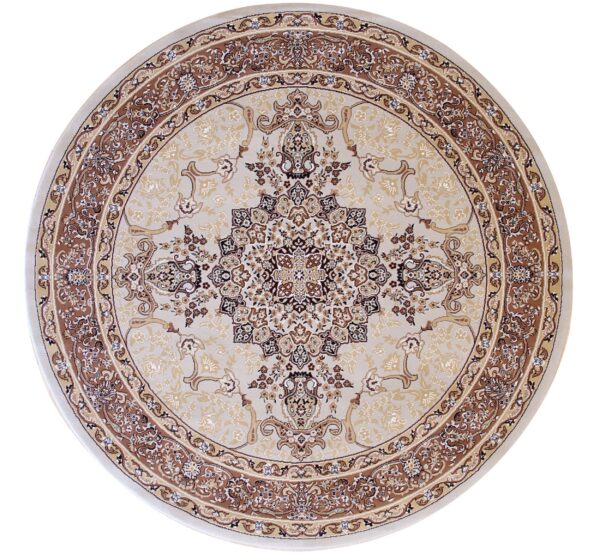 A circular rug featuring a classic medallion and border design in cream, beige, and chocolate brown.