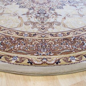 Circular rug with a traditional cream and brown medallion pattern sits on light blonde hardwood flooring.