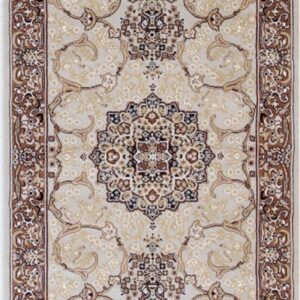 Ornate beige and brown traditional runner rug with repeating central medallions and a wide border.