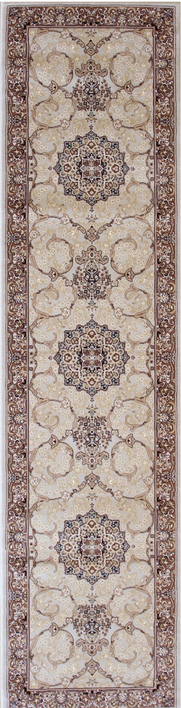 Ornate beige and brown traditional runner rug with repeating central medallions and a wide border.