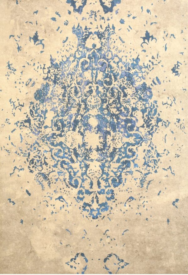 Beige rug with a distressed blue abstract pattern radiating from a central ornamental motif.