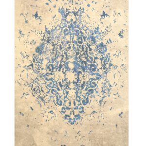 Beige rug with a distressed, symmetrical blue pattern that fades into the field.