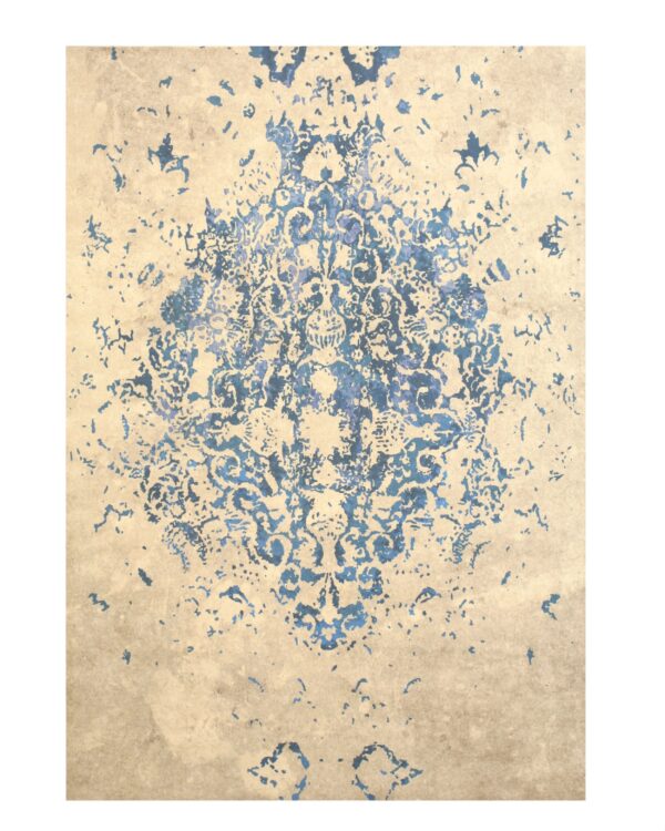 Beige rug with a distressed, symmetrical blue pattern that fades into the field.