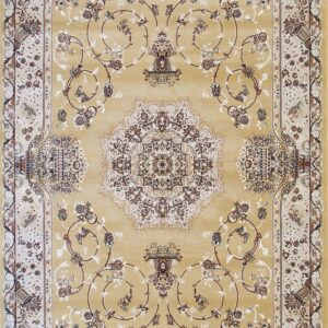 Traditional rug in camel and cream tones featuring a central medallion and ornate floral motifs.
