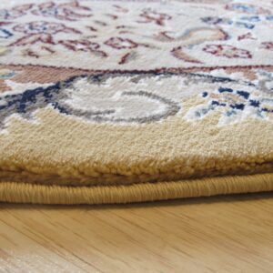 Close view highlighting the textured, beige rug edge and floral pattern on light wooden flooring.