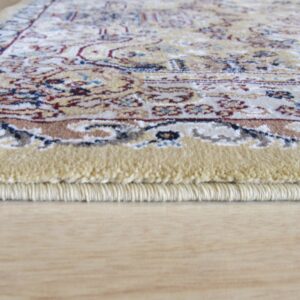 Side view of a thick, tan-edged rug showing a multicolored traditional pattern on light hardwood.