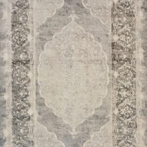 Muted gray and off-white area rug with a distressed traditional medallion and elaborate border patterns.