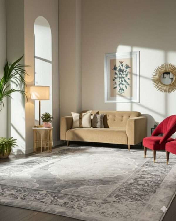 Distressed grey traditional rug on a dark wood floor beneath a beige sofa and two red accent chairs.