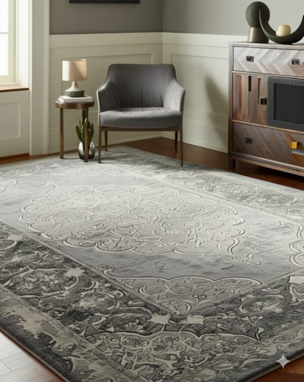 Gray and light-toned rug with a carved traditional pattern anchors a seating area with wood floors.