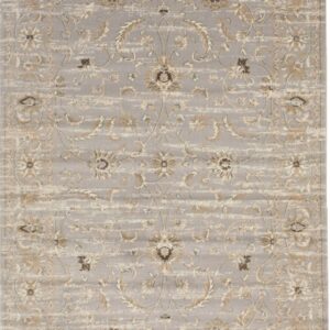 A gray rug with a distressed traditional pattern featuring beige, cream, and dark brown accents.