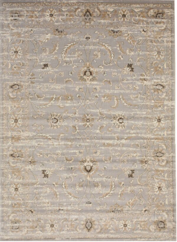 A gray rug with a distressed traditional pattern featuring beige, cream, and dark brown accents.