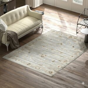 Light gray low-pile rug with faint brown floral designs placed near a beige sofa on wood floor.