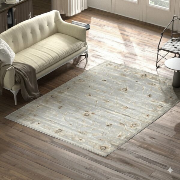 Light gray low-pile rug with faint brown floral designs placed near a beige sofa on wood floor.