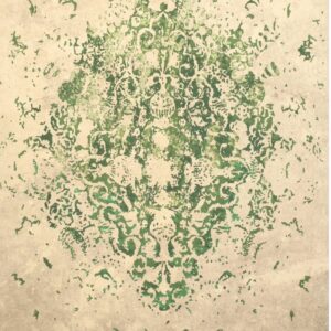 Distressed rug with a beige background and a faded green traditional central medallion design.