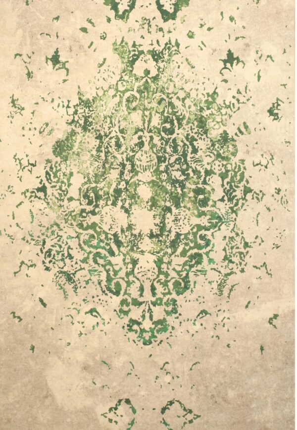 Distressed rug with a beige background and a faded green traditional central medallion design.