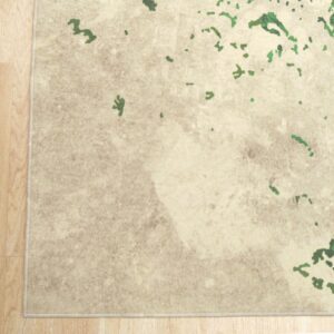 Low-pile abstract rug in neutral beige tones with scattered dark green elements on wood floor.