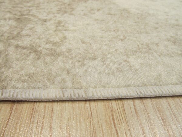 Shimmering beige velvet rug texture with bound edge on glossy light wood flooring.