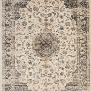 Cream rug featuring a faded traditional medallion design in muted blue and earthy brown tones.
