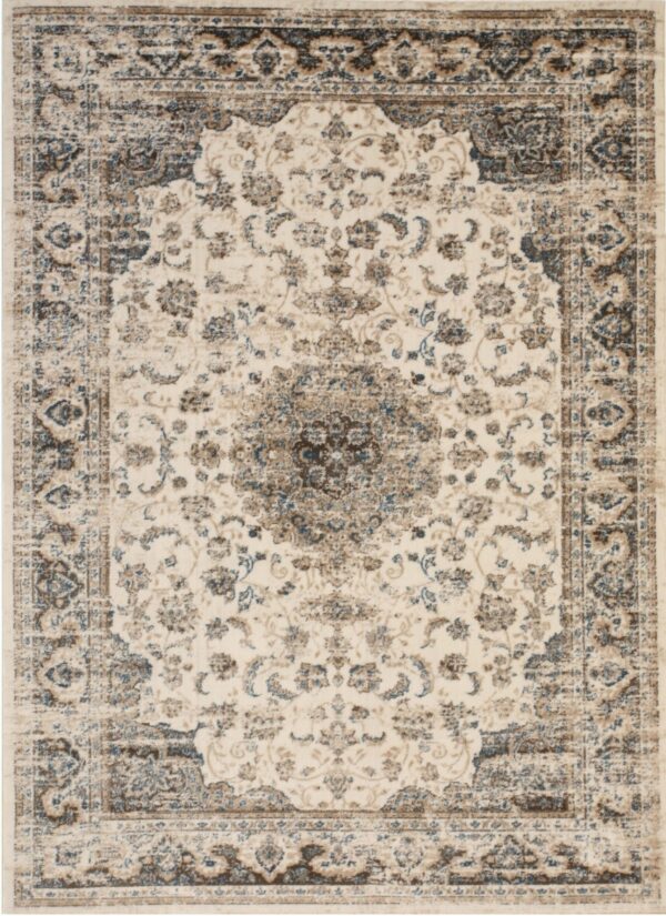 Cream rug featuring a faded traditional medallion design in muted blue and earthy brown tones.
