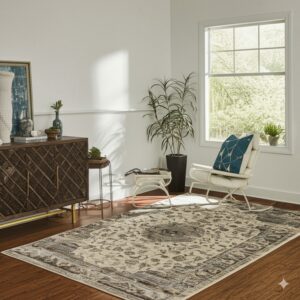 Distressed gray and beige traditional rug grounds a sunlit room with hardwood floors and white walls.