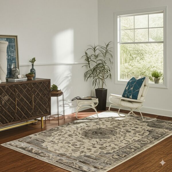 Distressed gray and beige traditional rug grounds a sunlit room with hardwood floors and white walls.