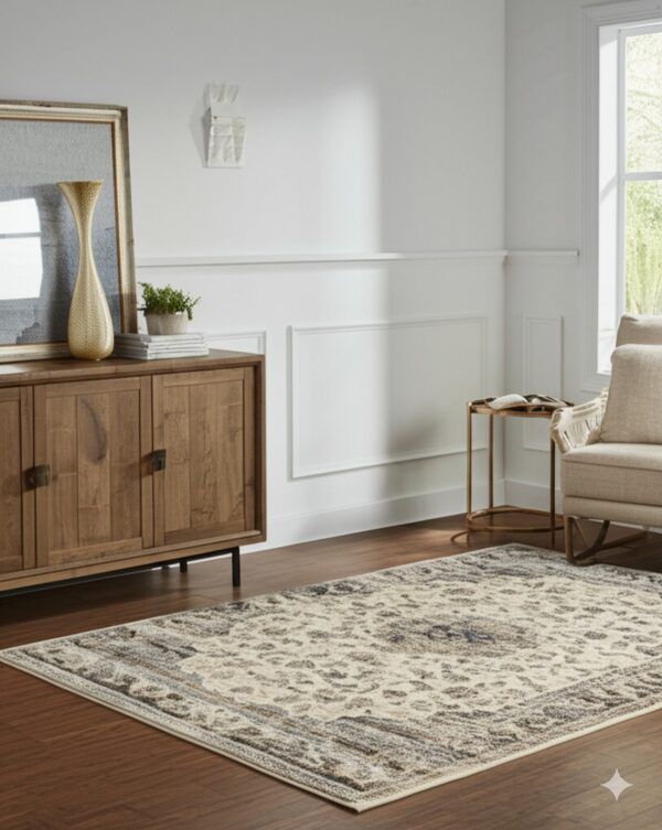 Cream and grey patterned rug on dark wood floor, next to a wood console and beige chair.