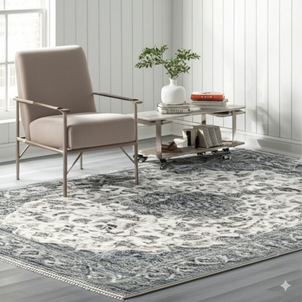 Distressed blue and cream patterned rug under a modern armchair and side table on gray wood floors.