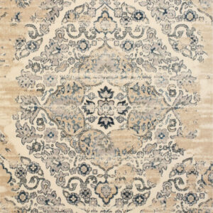Muted cream rug with a distressed traditional medallion pattern in shades of blue, taupe, and ivory.