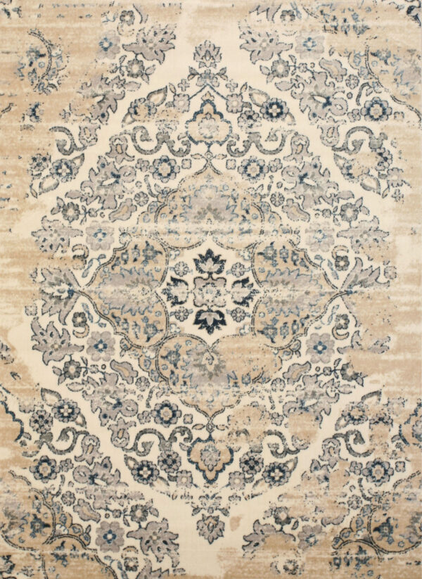 Muted cream rug with a distressed traditional medallion pattern in shades of blue, taupe, and ivory.