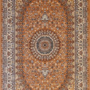 Rust-colored traditional rug with intricate floral motifs and a detailed central cream and blue medallion.