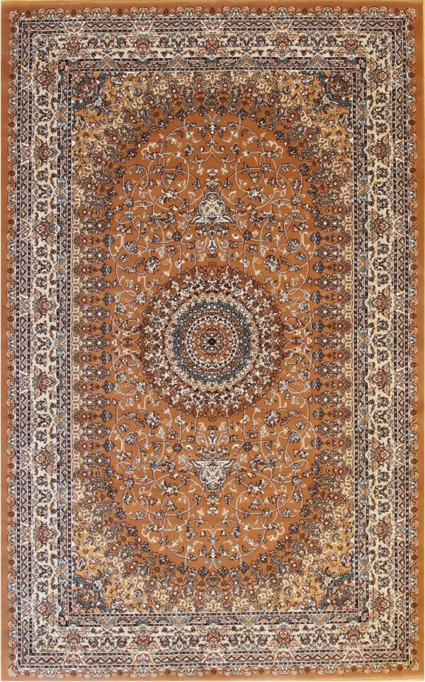 Rust-colored traditional rug with intricate floral motifs and a detailed central cream and blue medallion.