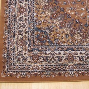 Close-up of a traditional rug in brown, rust, beige, and teal on a light wood floor.