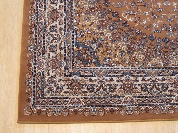 Close-up of a traditional rug in brown, rust, beige, and teal on a light wood floor.