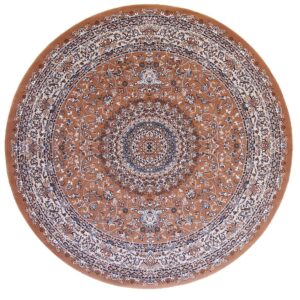 Round low-pile rug featuring a traditional floral medallion pattern in brown, cream, and blue.