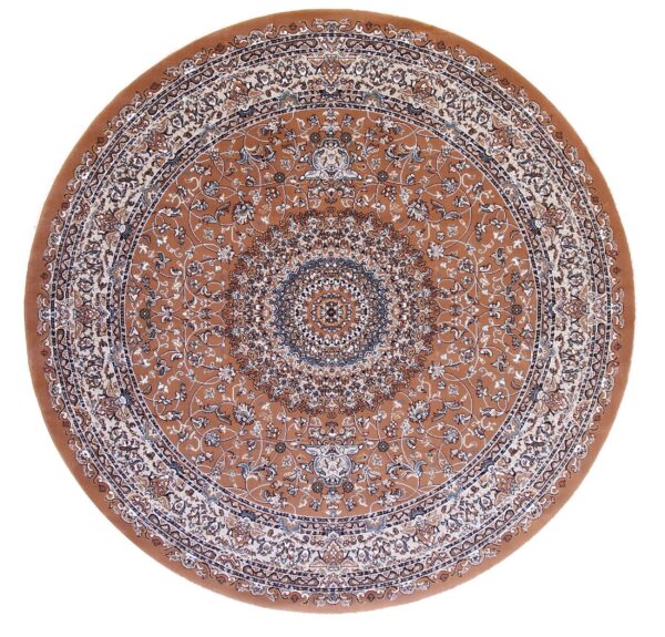 Round low-pile rug featuring a traditional floral medallion pattern in brown, cream, and blue.