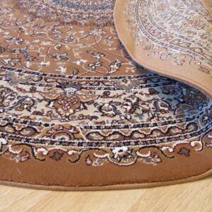 Tan and brown traditional rug with a floral pattern and piped edge is partially rolled back on wood floor.