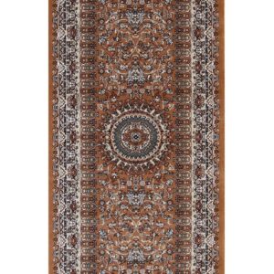 Traditional runner rug featuring repeating medallions and floral motifs in brown, cream, and slate.
