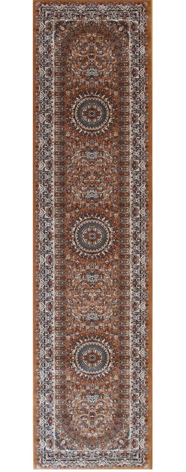 Traditional runner rug featuring repeating medallions and floral motifs in brown, cream, and slate.