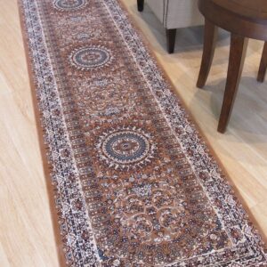 Brown traditional runner rug on light flooring next to a nailhead-trimmed chair and round wood table.