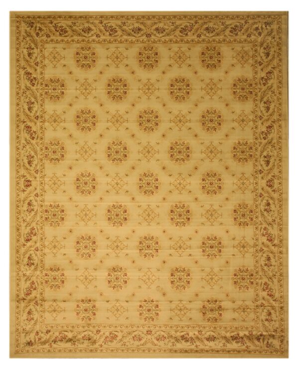 Cream and gold rug with repeating small traditional patterns and a highly detailed floral border.