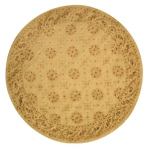 Circular tan rug featuring repeating floral medallions and squares, bordered by dark red and brown vines.