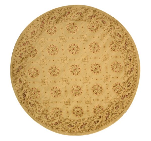 Circular tan rug featuring repeating floral medallions and squares, bordered by dark red and brown vines.