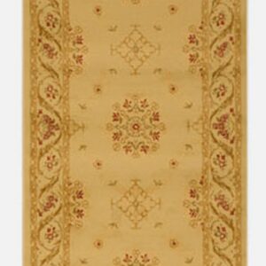Long runner rug with a light gold field, ornate red and gold medallions, and a wide scrolling border.