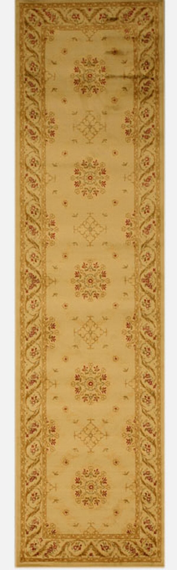 Long runner rug with a light gold field, ornate red and gold medallions, and a wide scrolling border.