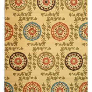 Light tan rug with repetitive rows of colorful red, blue, and brown medallions framed by olive green vines.