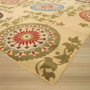 Beige rug featuring vibrant medallions and olive green vine patterns shown on light wood flooring.