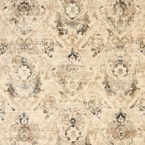 Distressed ivory rug with repeating traditional patterns in shades of beige, brown, and navy blue.