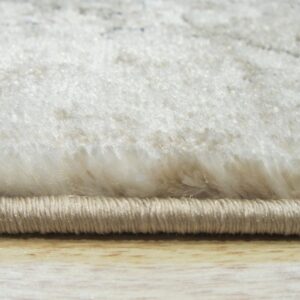 High-pile cream rug edge detail, showing soft fibers, subtle pattern, and tight beige binding on wood.