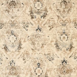 Distressed traditional rug with beige background and ornamental motifs in tan, dark brown, and faded blue.