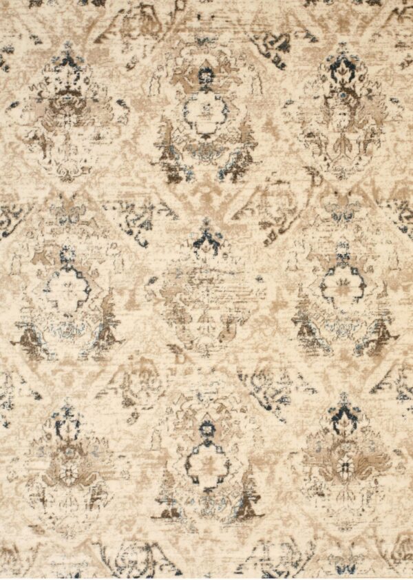 Distressed traditional rug with beige background and ornamental motifs in tan, dark brown, and faded blue.